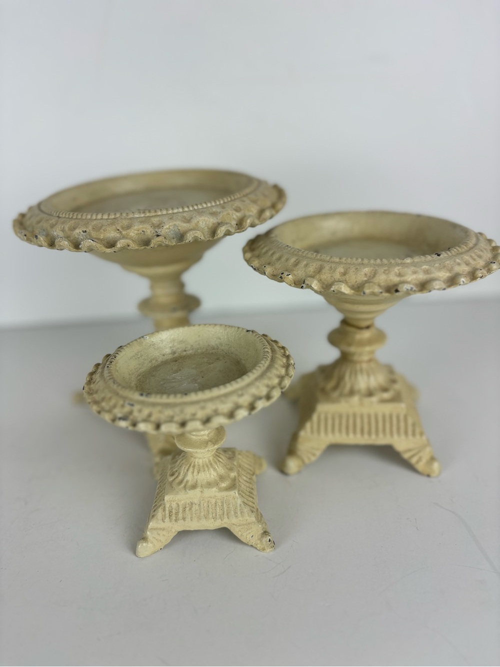 VTG Hen-Cast Iron 3-Pc Decor Candle-Pedestal -Stands-Ornate Distressed Cream
